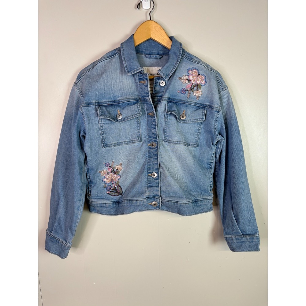 Abercrombie Kids Girls Denim Jacket Size 13 14 Light Wash Embroidered Floral
